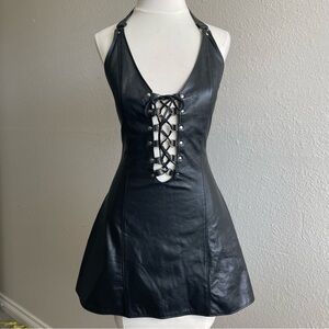 Allure Black Leather Lace-Up Mini Dress